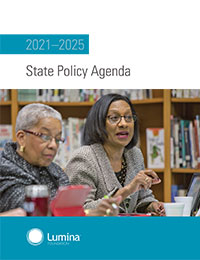 Cover of Lumina State Policy Agenda 2021 - 25 depicts two women on the cover in a larger discussion