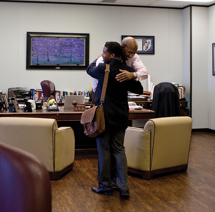 Lee is greeted warmly by Michael J. Sorrell, PQC’s president. Sorrell, who has gained national recognition for his leadership of the Texas HBCU, awarded Lee a presidential scholarship and has become his mentor and father figure. Sorrell has high praise for the 22-year-old, saying: “He has a shot to be extraordinary.”