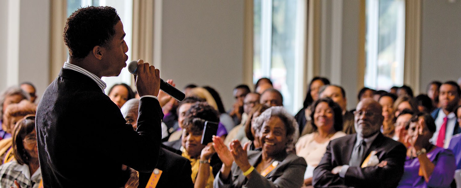 Lee’s serious side came out during another homecoming event—a presentation he made to alumni of the college. The crowd was visibly moved by his personal story of overcoming homelessness to attain academic success.