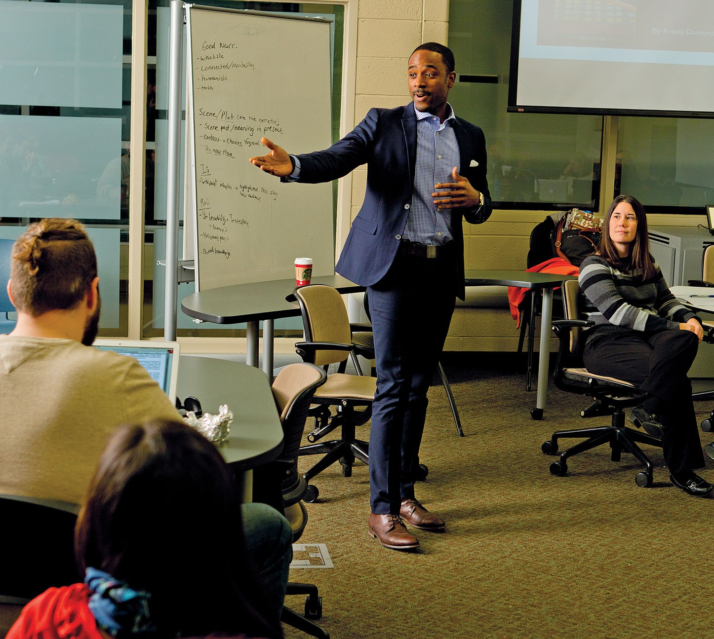 In-class presentations are now routine events for Range, who earned his bachelor’s degree at Wilberforce University and a master’s degree in higher education policy and organizational leadership at the University of Illinois. Here, he participates in a graduate-level class in education research at Michigan State.