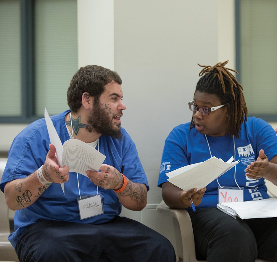 Classroom peers Frank and Yaa have developed an easygoing and mutually beneficial relationship through their Inside-Out encounters. Yaa, a senior English major with a double minor in Spanish and Latin American studies, is planning to enter law school after graduating from SJU.