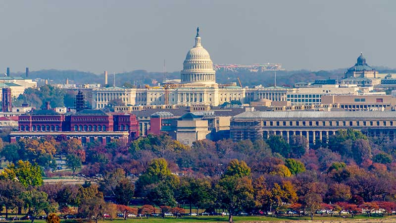 The United States Capitol can be seen from Arlington National Cemetery here on a beautiful fall day in Washington D.C.