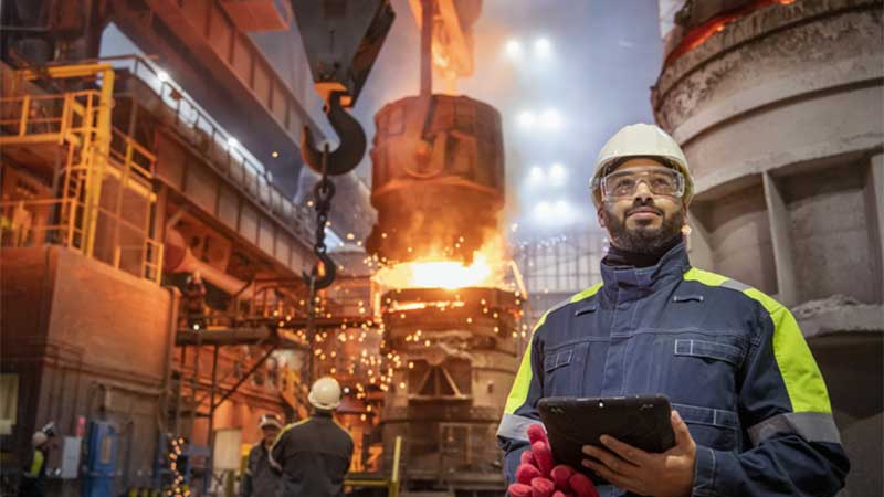 Black man in white hard had in front of worksite with a blazing forge. Looks Photoshopped to the max.