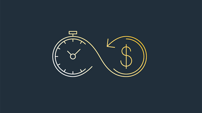 A time / money line art graphic depicts an infinite loop between the two.