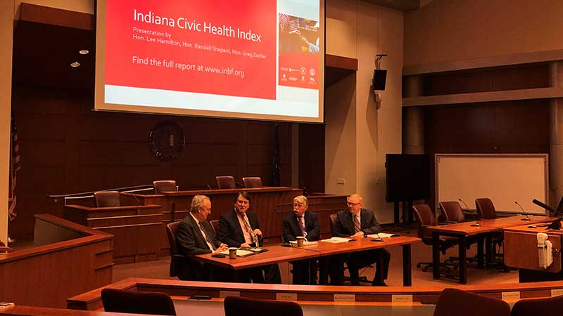 Bill Moreau, founder of the Indiana Citizen Education Foundation, former Indiana Chief Justice Randall Shepard, former Indiana Attorney General Greg Zoeller, and Charles Dunlap, president of the Indiana Bar Foundation, present the findings of the 2019 Indiana Civic Health Index.