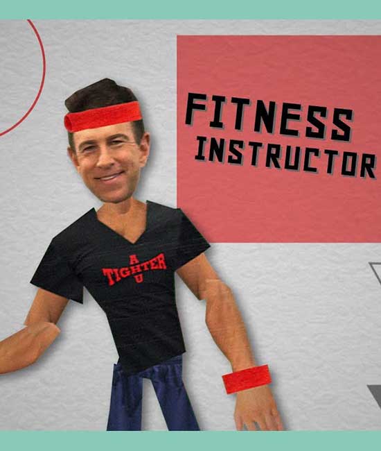 Stick figure of a fitness instructor wearing red sweat bands.