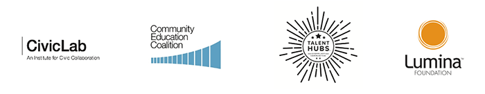 Logos of Lumina, Civic Lab, Talent Hubs, and Community Education Coalition.