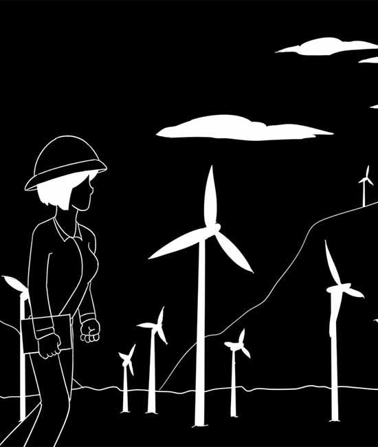 Line drawing of a hard hatted working walking through a windfarm with her clipboard.