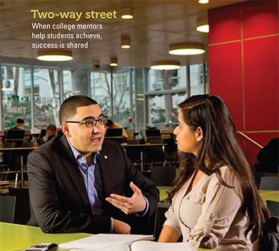 Cover detail from Spring 2014 issue of Focus shows a man and woman talking in a campus common study area.