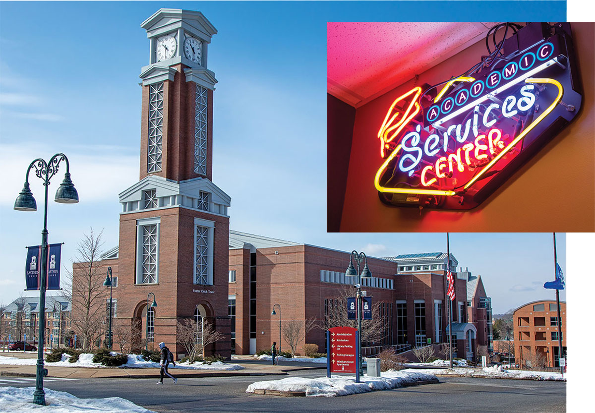 EC Academic Services Center, large building with tower. Inlay shows an interior, colorful neon sign indicating their service desk.