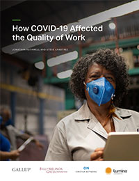 Cover image from report depicts a Black, female worker in a blue COVID mask.