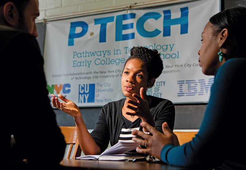 Temeca Simpson, a program manager in the Corporate Citizenship and Corporate Affairs division of IBM Corp., has a special role at P-TECH. It’s her job to supervise the mentoring program that pairs each student with a volunteer adviser from the corporate ranks of the technology firm.