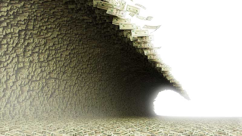 A fantastical image of a tsunami bringing in waves of money.