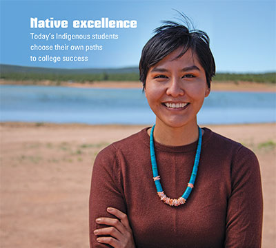 Magazine cover shows a smiling member of the Navajo nation, Harley Interpreter, standing in front of a lake.