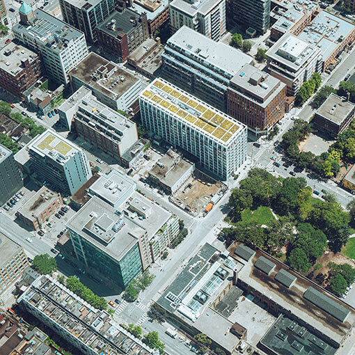 Overhead shot of buildings from the sky.