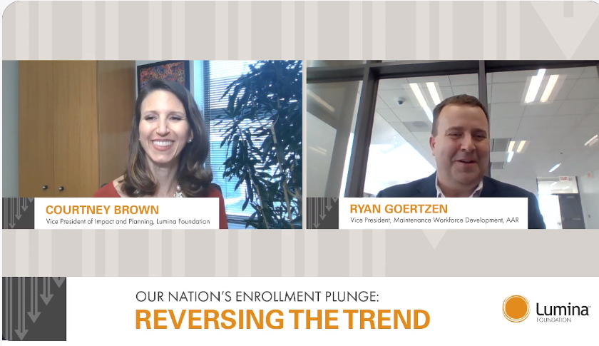 Screen capture from the webinar shows Courtney Brown and Ryan Goertzen in discussion about reversing the trend in enrollment declines.