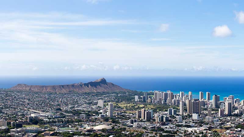 Aerial panorama of Waikiki, Diamond head and the University of Hawaii and coastline Oahu, Hawaii on a sunny blue sky day in a travel concept