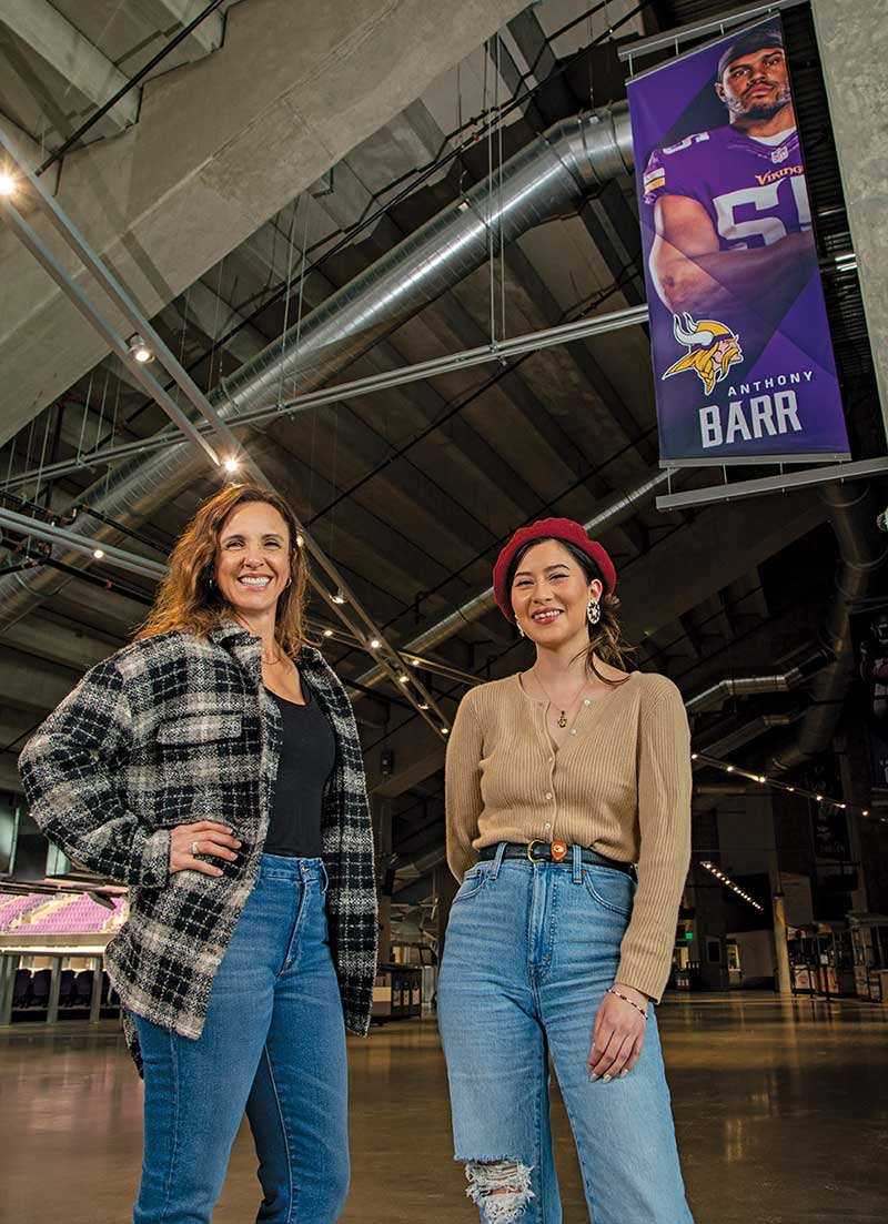 Antavia Paredes-Beaulieu visits Minneapolis’ U.S. Bank Stadium with Lori Barr (left), co-founder of the Raise The Barr Foundation. Barr was a student parent herself, having become pregnant at age 19, just before her junior year in college. “I can’t say this for sure, but I felt like I was the only person on campus who had a child,” Barr recalls. Her son, Anthony Barr, grew up to become an All-Pro linebacker for the Minnesota Vikings (see banner)—and a co-founder of the foundation.