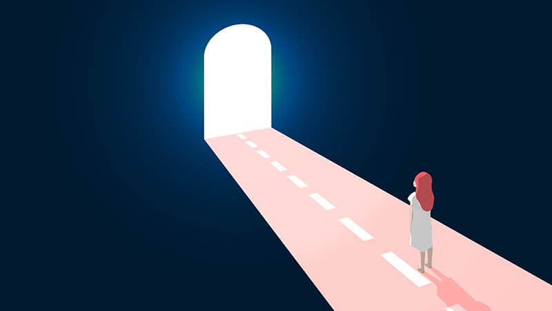 Illustration of a woman seeing light at the end of a very dark tunnel