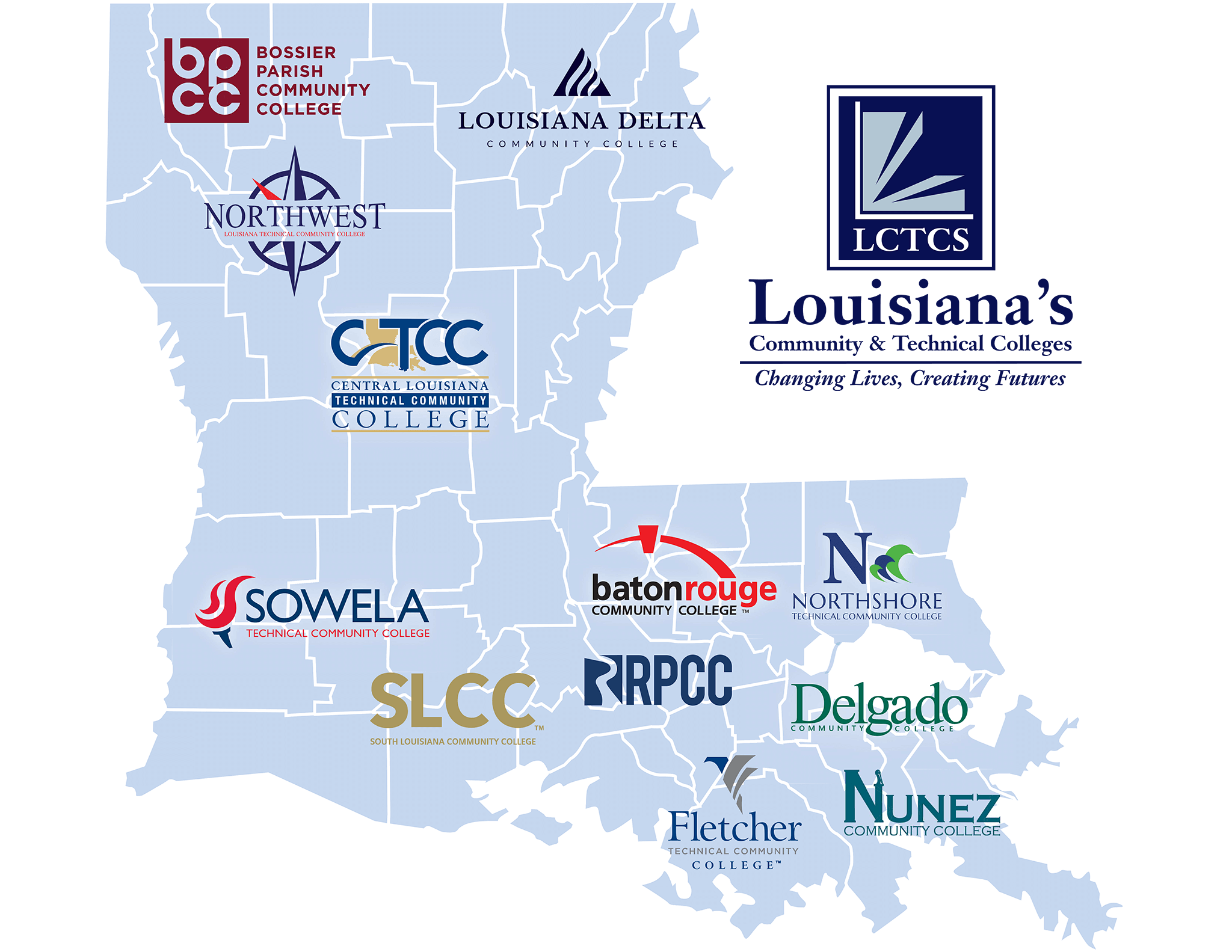 Map of Louisiana with 5 community college logos.