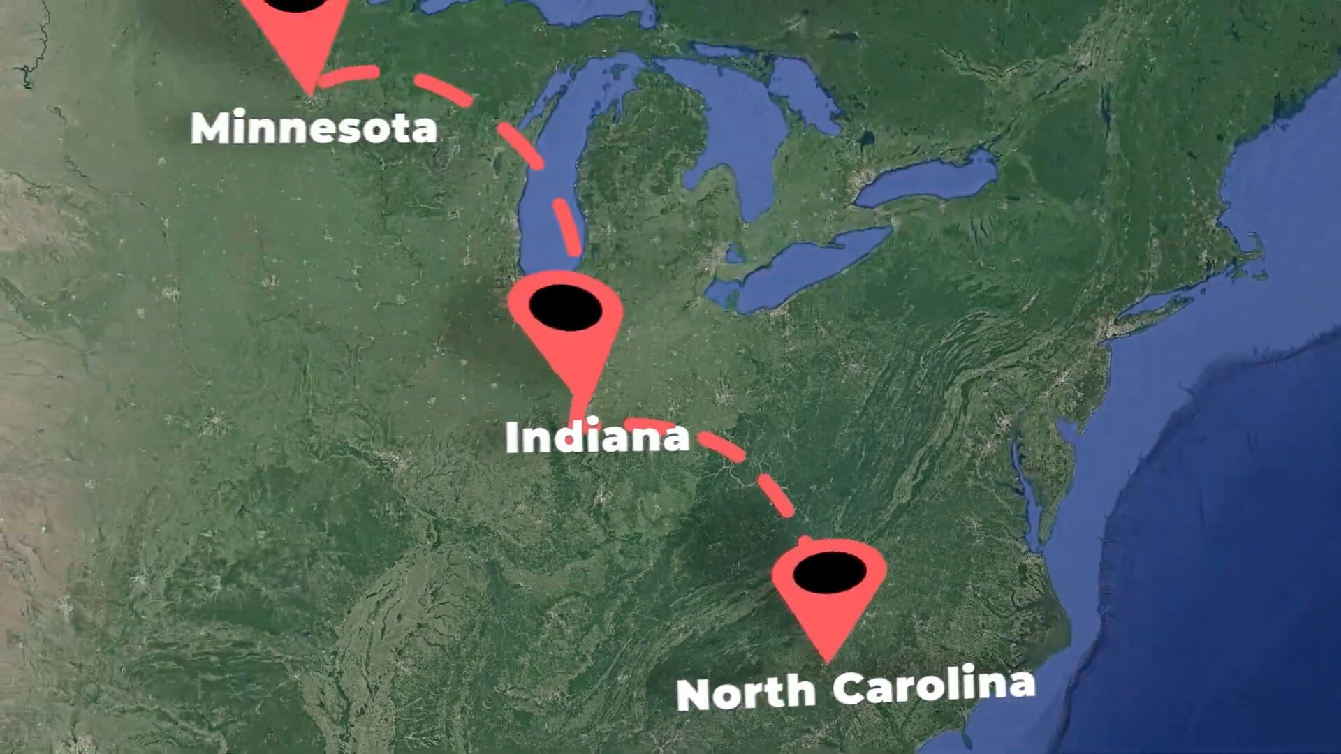 Overhead view of map shows place markers in North Carolina, Indiana, and finally Minnesota: the home of Fond du Lac tribal college.