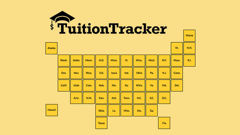 Tuition Tracker logo with a user interface for selecting U.S. states.